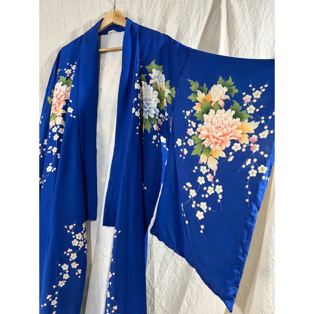 Vintage 1950s Japanese Silk Kimono Robe Blue Peony Floral Hostess Gown *AS IS